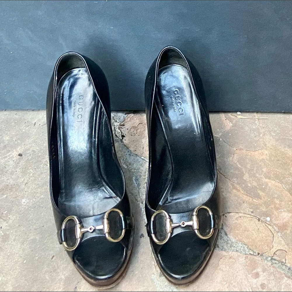 SOLD Gucci GG logo peep toe horsebit black leather Heels size 36B